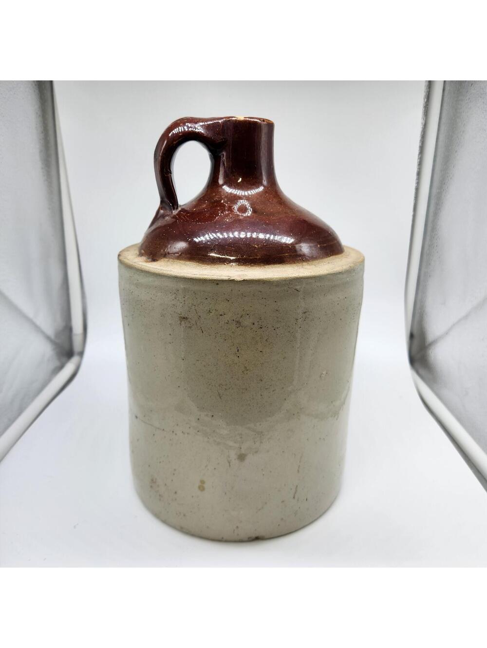Vintage Stoneware Whiskey Jug Crock Brown Glaze Handle Primitive Farmhouse